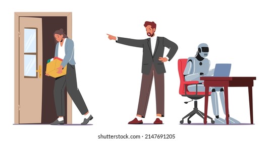 Sad Fired Employee Character Leave Office With Box. Boss Dismiss Worker, Artificial Intelligence Robot Machine Replace Human. Job Loss due to Technological Advancement. Cartoon Vector Illustration