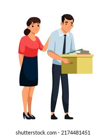 Sad fired male employee lost job vector illustration. Cartoon isolated unemployed young man in depression carrying box with things out of office, support from upset female colleague. Dismissal concept