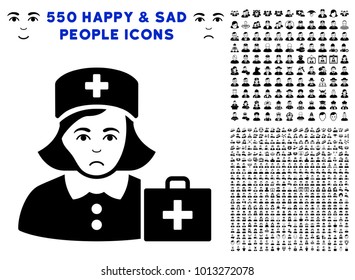 Sad First-Aid Nurse pictograph with 550 bonus pitiful and happy user design elements. Vector illustration style is flat black iconic symbols.