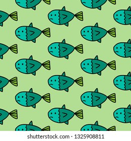 Sad fish hand drawn seamless pattern in green colors cartoon minimalism
