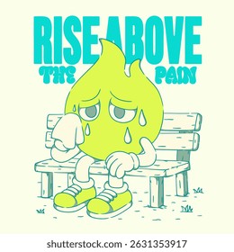 Sad Flame Character on Bench. Relatable Retro Cartoon Illustration, Streetwear T-shirt and Poster Art Design