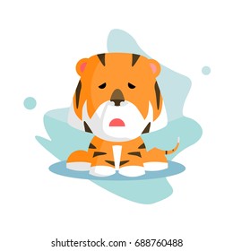 sad Flat wild orange tiger cartoon funny and cute with various expression and emotion in blue background white for children and kid in kindergarten