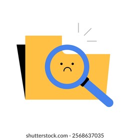 Sad Folder With Magnifying Glass In Flat Vector Illustration Symbolizing Data Loss, File Search, And Missing Information, Isolated On White Background