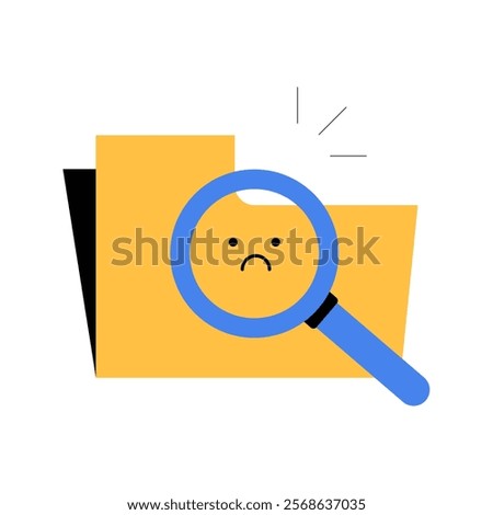 Sad Folder With Magnifying Glass In Flat Vector Illustration Symbolizing Data Loss, File Search, And Missing Information, Isolated On White Background