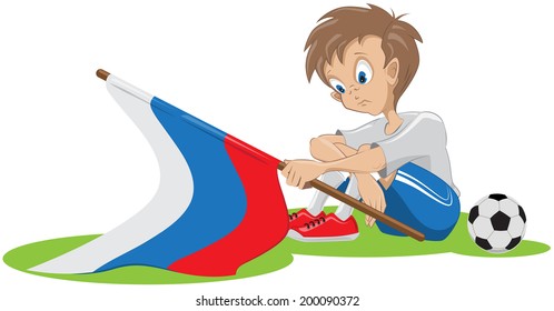 Sad football fan Russian flag dropped. Illustration in vector format