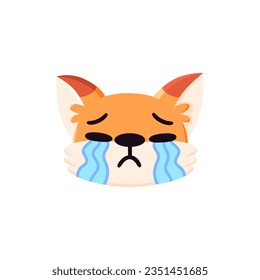 Sad fox face. Crying animal portrait. Cartoon character. Flat vector illustration isolated on white background