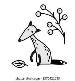 Sad fox in the forest, to create a design in doodle style.
