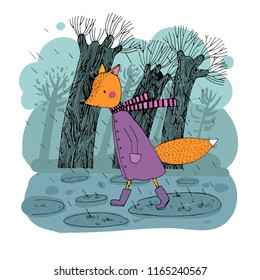 Sad fox walking in the rain. Hand drawing. Vector illustration