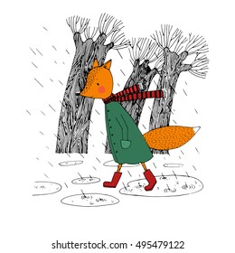 Sad fox walking in the rain. Hand drawing. Vector illustration