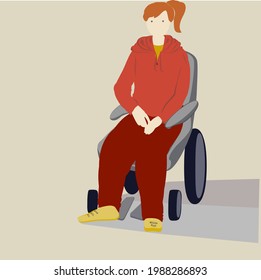 Sad fragile girl in a wheelchair. In a red hoodie and burgundy pants, redhead
