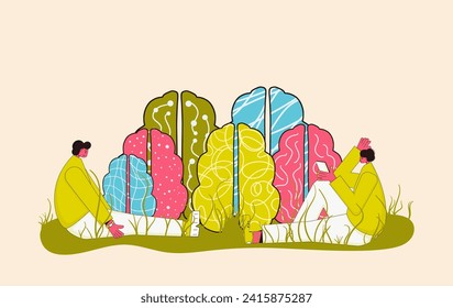 Sad friends sitting near different brains. Neurodiversity symbol. ADHD and autistic characters. Brainstorming, creative thinking. Human minds metaphor. Vector illustration .