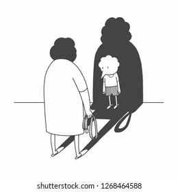 Sad frightened child and a mom  Vector flat cartoon character illustration design icon. Isolated on white background. Punishment of children concept
