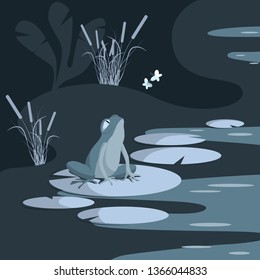 A sad frog on a water lily watches the play in the air of happy butterflies. The swamp is lit by moonlight. Vector illustration