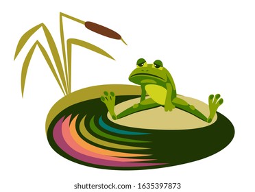sad frog sits on a polluted swamp and looks at chemical spills. dying nature from industrial waste