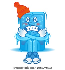 Sad frozen from cold gadget tablet mobile smartphone. Which work bad because stayed too long on coldly outdoor with icicle. He dressed in winter hat. Modern illustration flat design cartoon character.