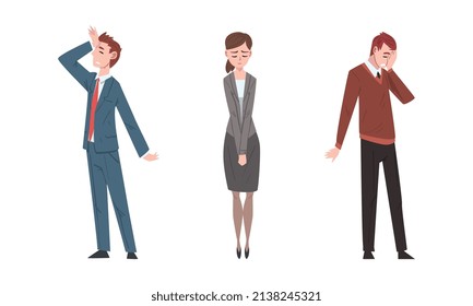 Sad and Frustrated Business People Character or Unhappy Office Worker Standing with Hang Head Vector Set