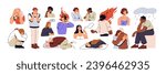 Sad frustrated characters set. People in anxiety, grief, depression. Frustration, sadness, sorrow emotions. Unhappy people in despair. Flat graphic vector illustrations isolated on white background