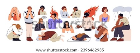 Sad frustrated characters set. People in anxiety, grief, depression. Frustration, sadness, sorrow emotions. Unhappy people in despair. Flat graphic vector illustrations isolated on white background