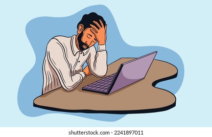 hombre triste y frustrado trabajando en laptop, frustrado vector dibujado a mano