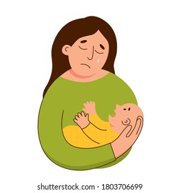 Sad frustrated mother holding her crying baby flat style vector illustration.