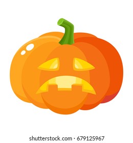 Sad, frustrated pumpkin jack-o-lantern, Halloween symbol, cartoon vector illustration isolated on white background. Cartoon style pumpkin lantern with sad carved out face, Halloween decoration element