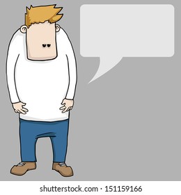 Sad funny cartoon man with speech bubble, vector illustration