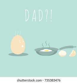 Sad and funny concept of a young egg looking at his broken dad. Vector illustration. Modern flat design.