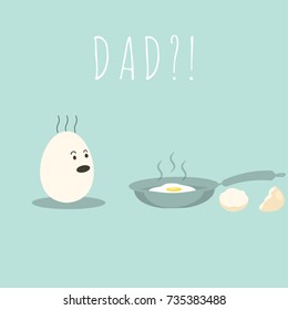 Sad and funny concept of a young egg looking at his broken dad. Vector illustration. Modern flat design.