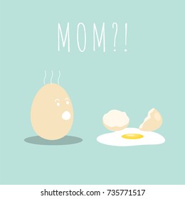 Sad and funny concept of a young egg looking at her broken mom. Vector illustration. Modern flat design.
