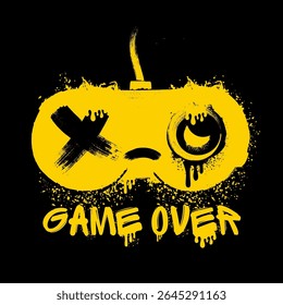 SAD gamepad e jogo sobre slogan Spray pintura graffiti com textura grungy. Grunge tinta gráfico ORANGE gamepad, joystick, controlador e GAME OVER isolado no fundo preto para impressão em t shirt