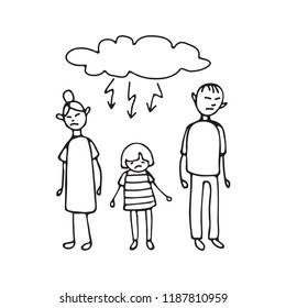 Sad Gay Teen And His Parents. Family Bad Support Symbol. Doodle Style. Design Element For Posters Or Brochures.