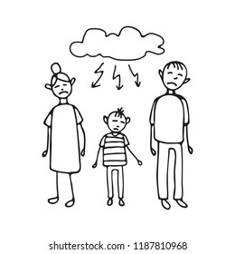 Sad Gay Teen And His Parents. Family Bad Support Symbol. Doodle Style. Design Element For Posters Or Brochures.