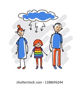 Sad Gay Teen And His Parents. Family Bad Support Symbol. Doodle Style. Design Element For Posters Or Brochures.