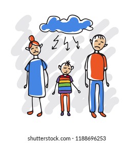 Sad Gay Teen And His Parents. Family Bad Support Symbol. Doodle Style. Design Element For Posters Or Brochures.