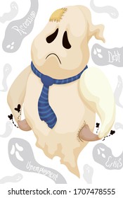 Sad ghost with its empty pockets and patches pestered with other phantoms menacing with crisis, unemployment, debt and recession.