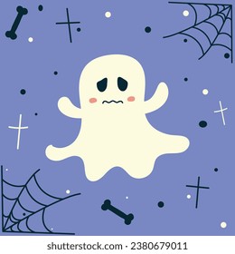 Sad ghost - sad face, cute face, cute ghost, halloween illustration, autumn holidays banner, ghost icon emotion. Vector illustration.