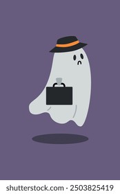 Sad Ghost goes to Work. Halloween Illustration. Spooky season.