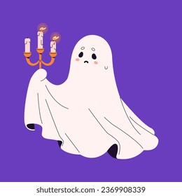 Sad ghost hold candelabra. Cute spook carry candle with fire, flame. Scared spirit with candlestick. Friendly phantom fly. Halloween character, helloween shadow. Flat isolated vector illustration