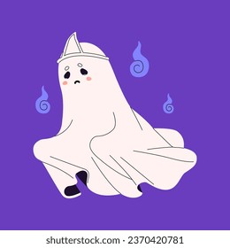 Sad ghost with tiara weeping, upset spook cry. Friendly Halloween phantom flying, floating in air. Cute spirit with depressed face. Helloween shadow in sorrow. Flat isolated vector illustration