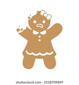 Sad gingerbread girl with bite and crumbs. Christmas icon. Vector. Holiday winter symbols flat design.