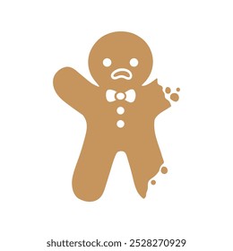 Sad gingerbread man with bite, broken arm and leg. Christmas icon. Vector. Holiday winter symbols flat design.