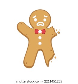 Sad Gingerbread Man Cookie With Bite. Winter Christmas Food Cartoon Illustration.