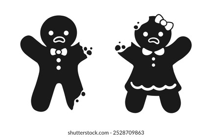 Sad gingerbread man and girl with bite icon. Simple funny illustration of gingerbread man vector silhouette for web design isolated on white background