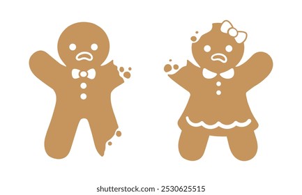 Sad gingerbread man and girl with bite icon. Simple funny illustration of gingerbread man vector silhouette for web design isolated on white background