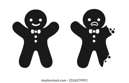 Sad gingerbread man whole and with bite icon. Simple funny illustration of gingerbread man vector silhouette for web design.