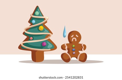 
Sad Gingerbread Sitting Near Christmas Tree Vector Cartoon. Unhappy Xmas dessert character sitting alone  
