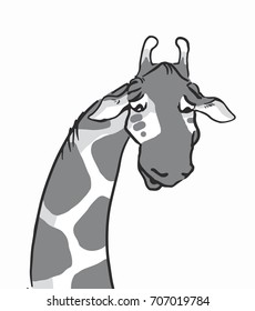 sad giraffe isolated at white background, emotion faces of a giraffe black and white vector sketches, drawings