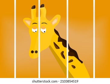 A sad giraffe locked behind bars and an animal rights concept. giraffe cartoon head and neck concept