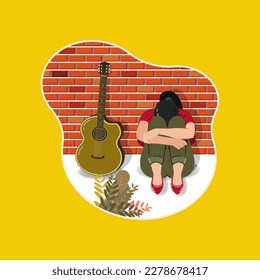 Sad girl with acoustic guitar and brick wall background design vector illustration