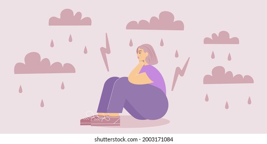 Sad girl with an anxiety disorder in depression is sitting and crying, cloud with rain and lightning is above her. A tense girl isolated on white background. Vector illustration in flat style